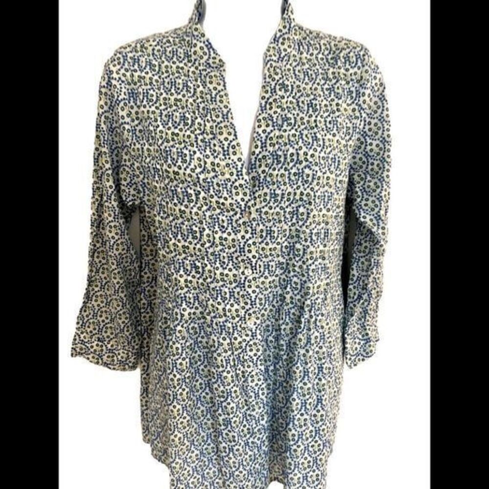 Rock Flower Paper Pintuck Blouse -S green /blue print , cotton